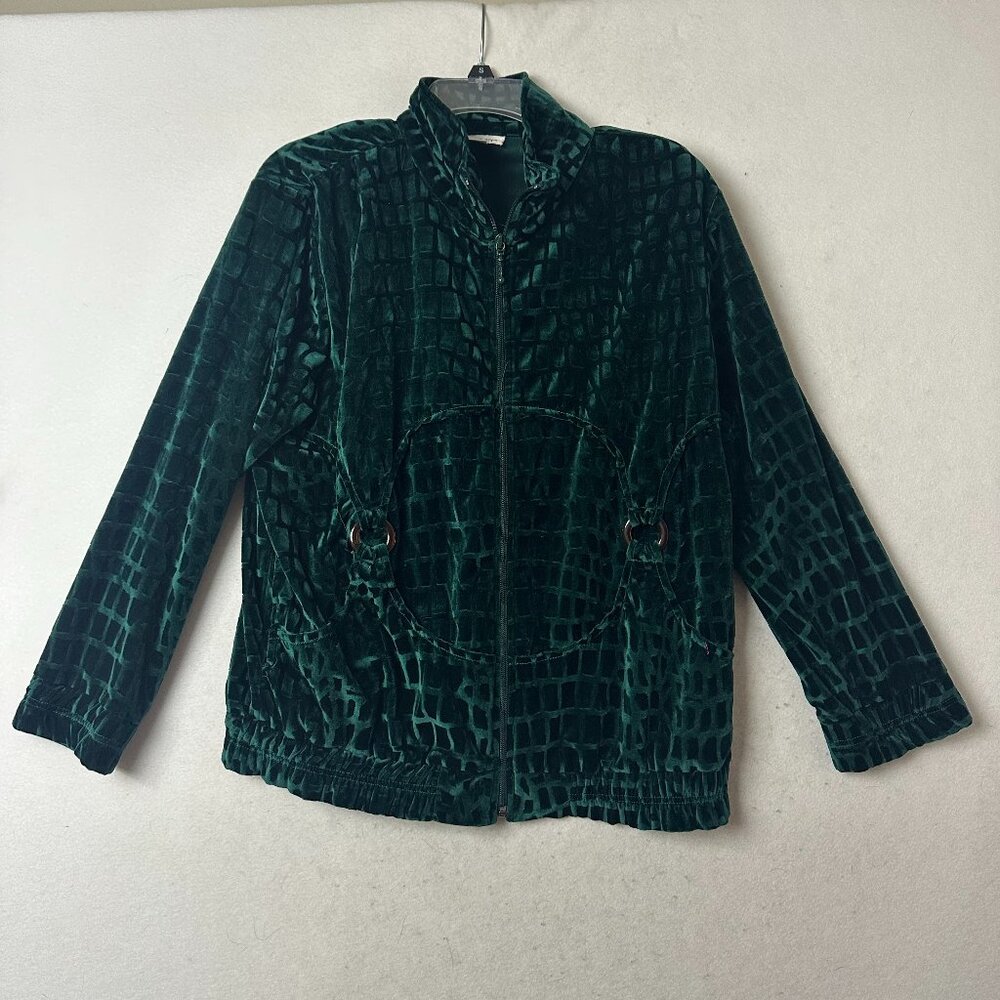 Vtg Adolfo Exclusive jacker sz L Green Crushed Velvet Zip Front giraffe‎ print
